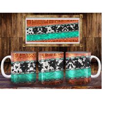 Western Turquoise Gemstone Cowhide Tooled Leather 11oz and 15oz Mug PNG Sublimate Designs,Western Mug Sublimate,Western