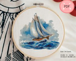 Cross Stitch Pattern,A Sailboat In The Ocean,Ocean Wave,Pdf,Instant Download,Sea X Stitch Chart,Beach Needlework,Coastal