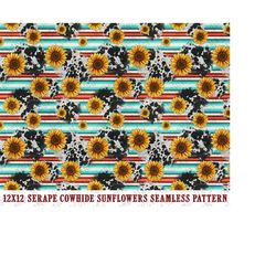 Serape Cowhide Digital Paper, Sunflowers Digital Seamless Pattern, Serape Png, Western Scrapbook, Printable Scrapbook Pa