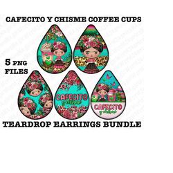 Cafecito y chisme coffee cups teardrop earrings png, Mexico png, floral teardrop earrings png, Mexican png, sublimate de