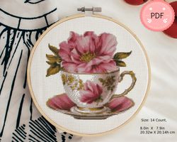 Kitchen Cross Stitch Pattern ,Teacup With Pink Flower,Vintage Tea Set,Pdf,Instant Download,X Stitch Chart,Needlepoint