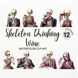 Skeleton Drinking Wine Clipart | Watercolor Halloween PNG | Junk Journal | Digital Planner | Party Invitation Card | Foo