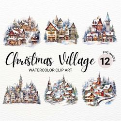 Christmas Village Clipart | Watercolor Christmas House | Winter Holiday Scene | Junk Journal | Digital Planner | Commerc