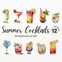 Watercolor Cocktail Drinks PNG | Summer Drinks Clipart | Party Cocktail | Junk Journal | Digital Planner | Commercial Li