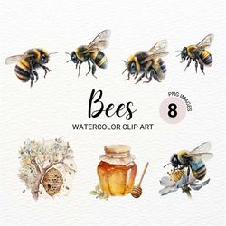 Watercolor Bumblebee Clipart | Bee PNG | Summer Clipart | Honeybee Clipart | Honey Jar | Insect Clipart | Commercial Lic