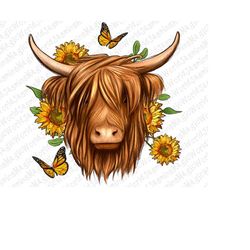 Sunflowers Long haired cow png sublimation design download, hand drawn cow png, cow face png, western cow png, sublimate