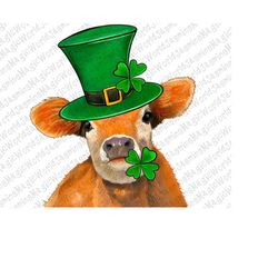 St. Patricks Day Heifer with Four Leaf Clovers and Leprechaun Hats PNG Sublimation Design, Barnyard Animals Png,Saint Pa