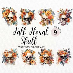Watercolor Floral Skull Clipart | Fall Flowers PNG | Spring Clipart Bundle | Junk Journal | Digital Planner | Collage Im
