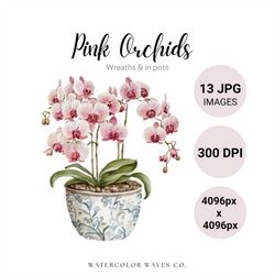 Pink Orchids Clipart Bundle | Watercolor Spring Flowers JPG | Floral Junk Journal | Wedding Invitation | Digital Planner