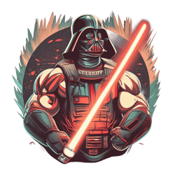 Darth Vader wearing tank top with large muscles holding lightsaber, t shirt design