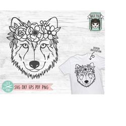 Wolf SVG file, Wolf with Flower Crown SVG, Wolf cut file, Animal Face, Floral Crown, Wolf with Flowers on Head, Cute Wol