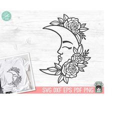 Moon Flowers svg file, Moon Floral svg, Man in the Moon svg file, Moon Face with Flowers, Moon Flower cut file, Moon Fac