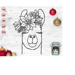 Christmas Llama SVG file, Llama Poinsettia SVG, Llama cut file, Llama Floral svg, Llama Flower, Christmas Animals svg, P