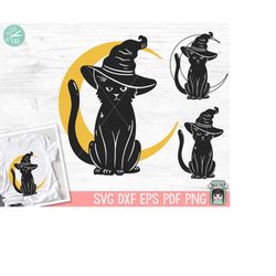 Black Cat SVG file, Witch Cat Svg Cut File, Cat Moon SVG, Halloween SVG File, Black Cat Witch Hat, Black Cat png, Witchy