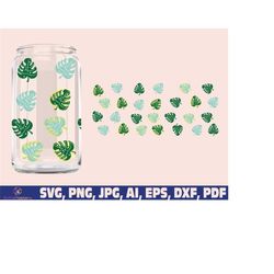 monstera leaves glass wrap svg, leaf glass wrap svg png, can glass wrap, 16oz full wrap svg, can glass , coffee can glas