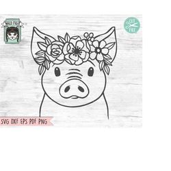 Pig SVG file, Pig with Flower Crown SVG, Pig cut file, Animal Face, Floral Crown, Pig with Flowers on Head, Cute Pig svg