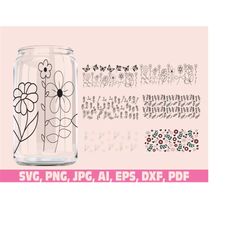 wild flower glass wrap svg png, can glass wrap, lined flower glass wrap svg, 16oz full wrap svg, can glass svg,daisy cof
