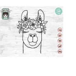 Llama SVG file, Llama with Flower Crown SVG, Llama cut file, Animal Face, Floral Crown, Llama with Flowers on Head, Cute