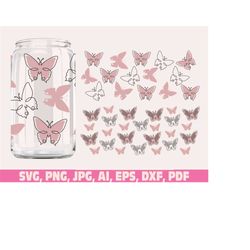 Butterfly glass wrap svg png, can glass wrap, Coffee Glass Wrap Svg, 16oz Full Wrap Svg, Can Glass Svg, Butterflies Coff