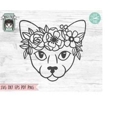 Cat Face SVG, Cat with Flower Crown SVG, Cat cut file, Animal Face, Animal Floral Crown svg, Cat with Flowers on Head, S