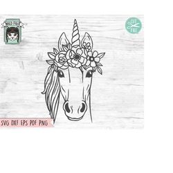 Unicorn SVG file, Unicorn with Flower Crown SVG, Unicorn cut file, Animal Face, Floral Crown, Unicorn with Flowers on He