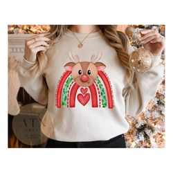 Rudolph Christmas Shirt, Cute Bobo Rainbow Shirt, Cute Christmas Sweater, Retro Graphic Christmas Shirt, Xmas Shirt, Chr