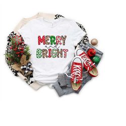 Merry and Bright Shirt, Cute Christmas Shirt, Leopard Print, Buffalo Plaid, Christmas Tree, Holiday Shirt, Womens Christ
