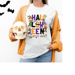 Halloween Gnome Shirt for Women, Mens Halloween T-Shirt with stacked halloween text, halloween with my gnomies tee for h