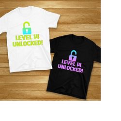 Level 14 Unlocked Green/Blue Birthday Shirt, Birthday Tee, level up t-shirt, birthday gift.