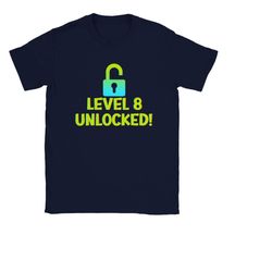 Level 8 Unlocked Green/Blue Kids Birthday T-Shirt, Birthday Girl Shirt, Birthday Boy Tee, Level Unlocked Crew Neck.