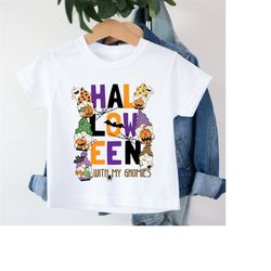 baby halloween gnome shirt for girls, boys halloween t-shirt with stacked halloween text, halloween with my gnomies cost