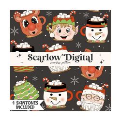 Coffee Mugs Seamless Pattern-Christmas Sublimation Digital Design Download-santa claus seamless, reindeer seamless, snow