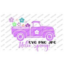 Hello Spring Vintage Truck svg, spring, vintage truck, flowers, Cricut cut file svg png jpg