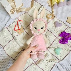 stuffed crochet bunny rabbit amigurumi toy bunny in dress with bow gift for baby girl amigurumi doll easter for kids diy