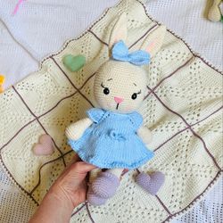 bunny rabbit amigurumi crochet toy bunny in dress with bow gift for baby girl amigurumi doll easter for newborn diy