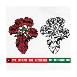 Heart Roses Svg | Rose Heart Svg | Cardiology SVG | Anatomical Heart with flowers SVG | Floral heart Svg | Human Heart S