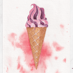 Ice cream cone with blueberry and cherry Wall decor Original watercolor painting postcard 5x7