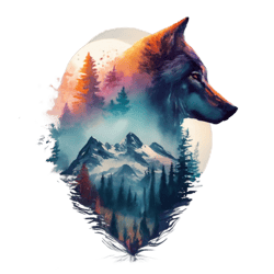 Double exposure of a wolf and a mountain, natural scenery, watercolor art