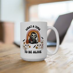 Fall Campfire Mug, Fuck around and Find Out Coffee Cup, Funny Grim Reaper Halloween Skeleton Mug