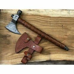 custom handmade damascus steel tomahawk, hatchet, axe, integral pipe & sheath