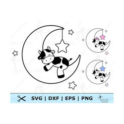 Cow on Moon SVG. PNG. Cricut cut files, Silhouette. Stencil, Outline. Farm animal Sleeping, Stars, Cute. Nursery. DXF, e