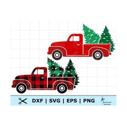 Christmas Truck SVG. PNG.  Cricut cut files, layered. Silhouette files. Buffalo plaid, trees, red, black, snow. DXF, eps