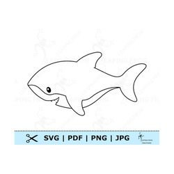 Cute Shark SVG. Cricut cut, layered files. Silhouette, Cameo. Vector. Black and White Outline. Baby Animal coloring page