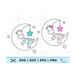 Giraffe on Moon SVG. PNG. Stencil, outline. Cricut cut files, layered.  Jungle animals, Sleeping, Stars, Cute.  DXF, eps