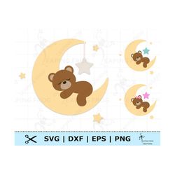 Bear on Moon SVG. PNG. Cricut cut files, layered. Silhouette fies. Teddy Bear, Sleeping, Stars, Cute. Nursery. DXF, eps.