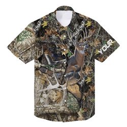 Deer Jumping Buck Hunting Camouflage Hawaiian Tshirts All Over Printed Custom Name Shirt Personalized Hunting Gifts Chip