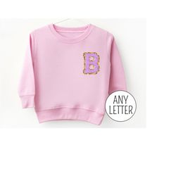Personalized Kids Sweatshirt Embroidered with Chenille Patch Initial, Toddler Girl Clothes, Custom Baby Girl Sweater Pin