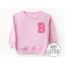 personalized kids embroidered sweatshirt with chenille patch initial, toddler girl gift ideas, custom crewneck for girls