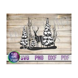Deer in trees scenery forest scene christmas snow fall SVG PNG DXF pdf cut file digital download Christmas sign decor