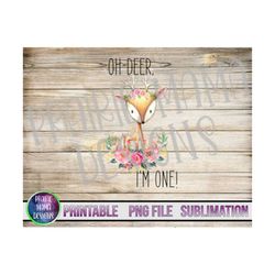 Oh deer, I'm one! digital file digital download 300 dpi water colour floral flowers cute pretty first birthday
